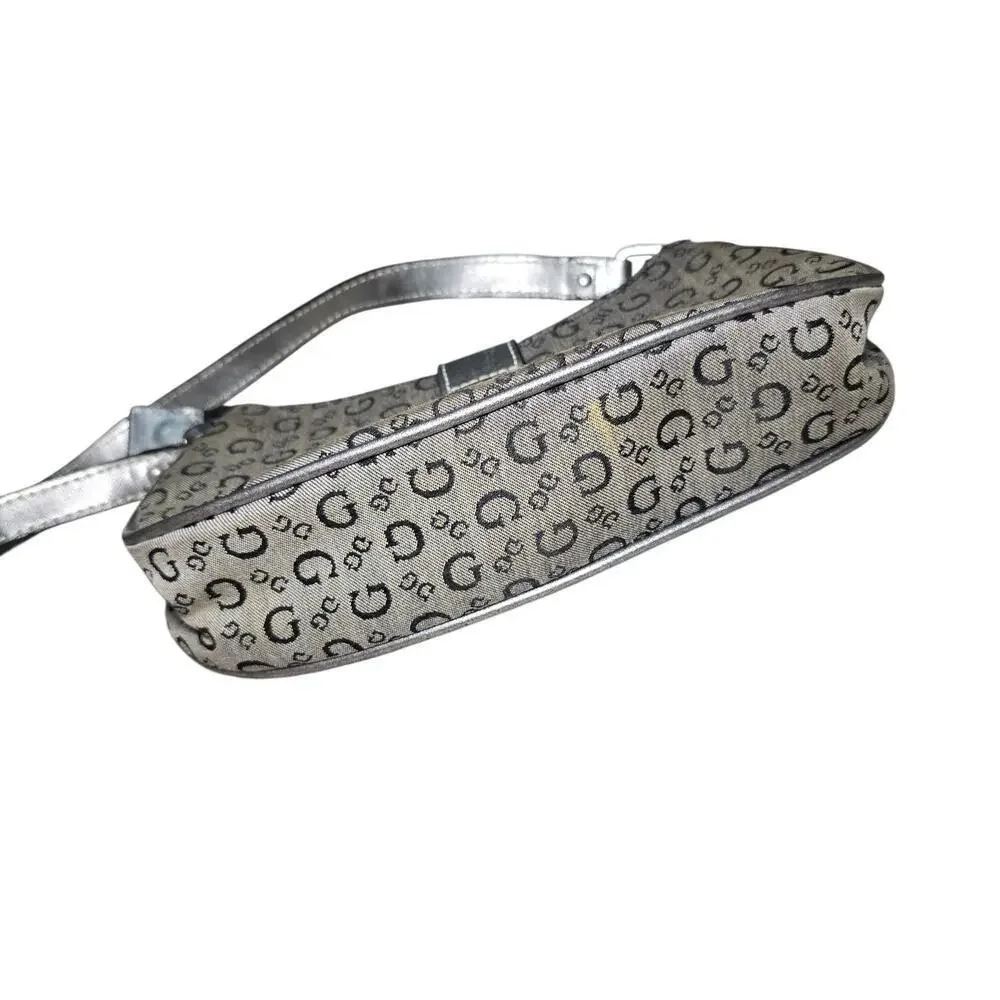 Y2K GUESS Mini Shoulder Bag Grey Monogram Buckle Detail Vintage 2000s McBling